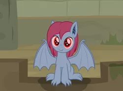 Size: 2674x1976 | Tagged: safe, artist:badumsquish, derpibooru import, gargoyle, hybrid, monster pony, original species, pony, daring done?, claws, female, half-pony, interspecies offspring, looking at you, offspring, parent:fluttershy, parent:guardiangoyle, red eyes, show accurate, sitting, smiling, solo, spread wings, temple, wings