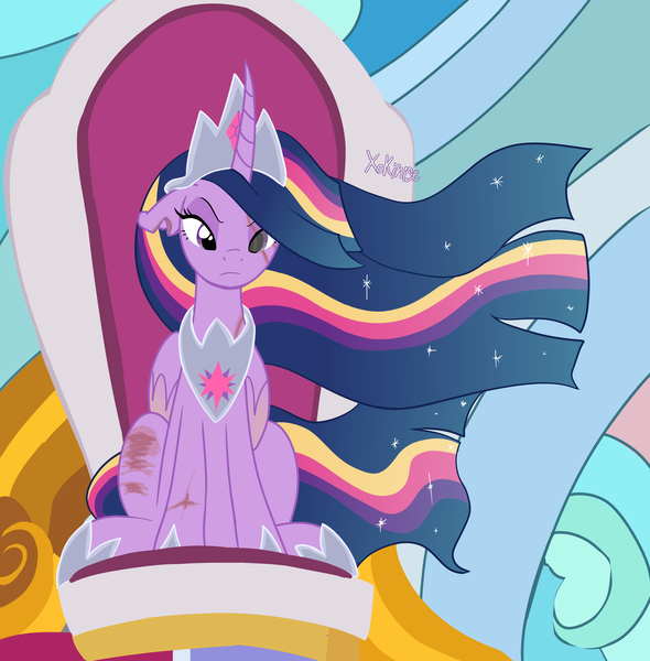 Size: 2551x2595 | Tagged: safe, artist:xekinise, derpibooru import, edit, edited screencap, screencap, princess twilight 2.0, twilight sparkle, twilight sparkle (alicorn), alicorn, pony, the last problem, blind in one eye, crown, half-closed eyes, jewelry, redesign, regalia, scar, solo, throne, unamused