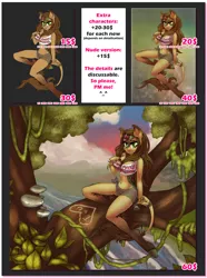 Size: 1920x2577 | Tagged: advertisement, anthro, anthro oc, artist:pony straponi, breasts, broken horn, clothes, commission, commission info, commissions open, derpibooru import, dressed version, female, hight, horn, kirin, kirin oc, liana, long hair, long mane, mare, oc, oc:way right, shirt, sitting on a tree, solo, solo female, suggestive, tree, tree branch, tree mushroom, unguligrade anthro, unofficial characters only, wood inscription
