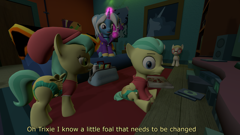 Size: 3840x2160 | Tagged: questionable, artist:mrdoctorderpy, derpibooru import, barley barrel, pickle barrel, trixie, pegasus, pony, unicorn, 3d, 4k, alternate hairstyle, baby powder, babysitter trixie, barrel twins, brother and sister, clothes, diaper, diaper fetish, female, fetish, foal powder, hoodie, image, magic, magic aura, male, messy diaper, png, poop, siblings, source filmmaker, twins, urine, wet diaper