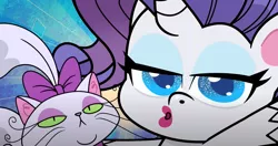 Size: 1595x845 | Tagged: safe, derpibooru import, screencap, opalescence, rarity, cat, pony, unicorn, my little pony: pony life, female, lipstick, mare, pose, selfie