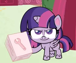 Size: 554x463 | Tagged: safe, derpibooru import, screencap, twilight sparkle, twilight sparkle (alicorn), alicorn, pony, badge of shame, my little pony: pony life, spoiler:pony life s01e10, confident, cropped, instructions, looking at you, smiling, solo