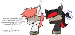 Size: 2238x1055 | Tagged: semi-grimdark, artist:moonatik, derpibooru import, oc, oc:comrade valentina, oc:molly tov, unofficial characters only, earth pony, derpibooru, the end of derpibooru, blindfold, bondage, dialogue, duo, earth pony oc, execution, female, freckles, gun, handgun, imminent death, luger, magic, mare, meta, open mouth, pistol, rope, simple background, unsexy bondage, vent art, weapon
