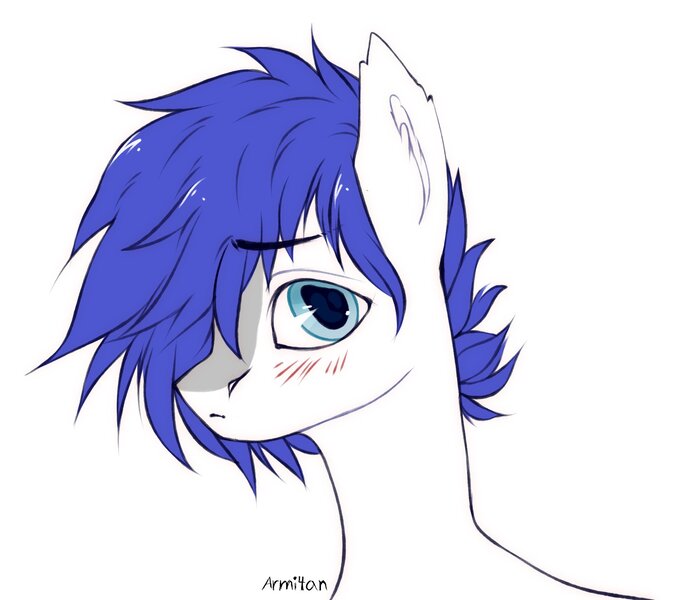 Size: 1948x1708 | Tagged: safe, artist:armi4an, derpibooru import, oc, oc:isaac pony, unofficial characters only, earth pony, pony, blue eyes, blue mane, blushing, cute, ear fluff, eyebrows visible through hair, looking at you, male, shy, signature, simple background, solo, stallion, white background, white skin