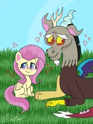 Size: 768x1024 | Tagged: safe, artist:delfinaluther, derpibooru import, discord, fluttershy, draconequus, pegasus, my little pony: pony life, blushing, cute, discoshy, discute, female, heart, male, shipping, shyabetes, straight