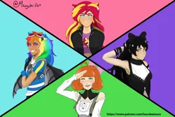 Size: 1280x854 | Tagged: safe, artist:mayukitty, derpibooru import, rainbow dash, sunset shimmer, human, fanfic:sapr, equestria girls, arm ribbon, belly shirt, black hair, blake belladonna, blouse, blue background, blue eyes, bow, clothes, collar, colored, cowlick, crossover, cutie mark, cutie mark on clothes, dark skin, eared humanization, fanfic art, faunus, freckles, gloves, goggles, green background, green eyes, grin, hair bow, human coloration, humanized, jacket, leather jacket, long hair, penny polendina, pink background, purple background, red hair, rwby, salute, short hair, simple background, smiling, suspenders, sweatshirt, winged backpack, yellow eyes