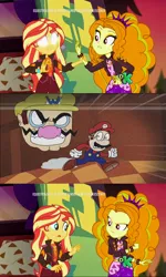 Size: 1920x3202 | Tagged: safe, derpibooru import, edit, edited screencap, screencap, adagio dazzle, sunset shimmer, equestria girls, equestria girls series, sunset's backstage pass!, spoiler:eqg series (season 2), blank eyes, discovery kids, every copy of super mario 64 is personalized, geode of empathy, magical geodes, mario, running, sunset sees things, super mario 64, super mario bros., the wario apparition, wario, white eyes