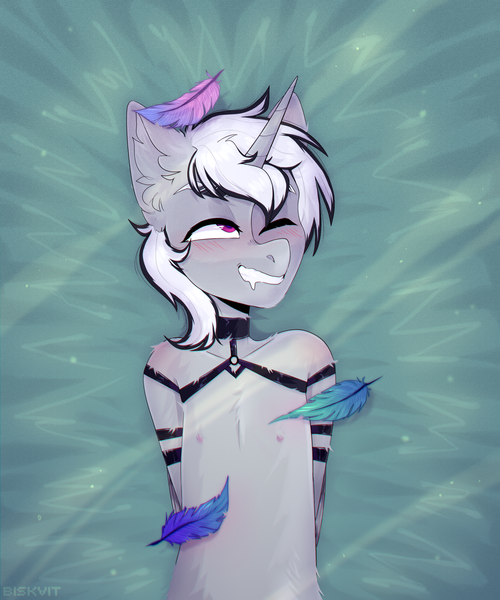 Size: 2300x2762 | Tagged: alicorn, artist:biskvit, bed, blushing, bondage, collar, commission, cute, derpibooru import, ear fluff, feather, gritted teeth, harness, male, nudity, oc, one eye closed, questionable, semi-anthro, solo, stallion, tack, tickling, ych example, ych result, your character here
