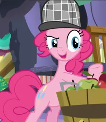 Size: 819x939 | Tagged: safe, derpibooru import, screencap, pinkie pie, earth pony, pony, secrets and pies, apple, bipedal, cropped, female, food, hat, mare, open mouth, raised eyebrow, raised hoof, smiling, solo