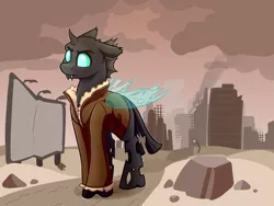 Size: 4000x3000 | Tagged: artist:witchtaunter, changeling, changeling oc, cheeselegs, clothes, cloud, coat, derpibooru import, fallout equestria, fangs, horn, oc, oc:tinkerbelt, quadrupedal, queen chrysalis, ruins, safe, smoke, solo, tail, unofficial characters only, wasteland, wings