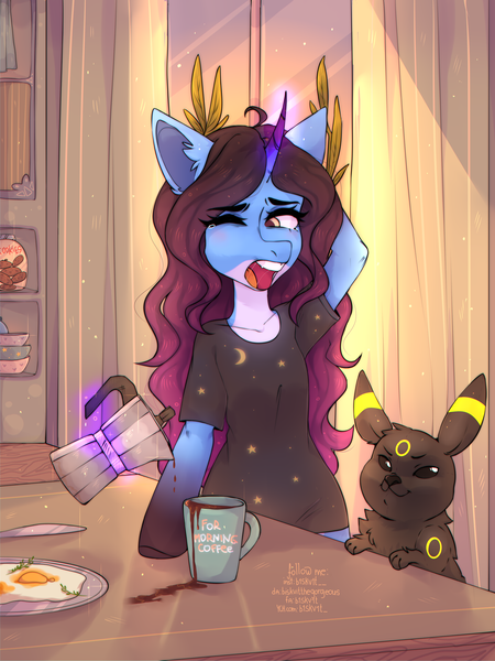 Size: 3120x4160 | Tagged: safe, artist:biskvit, derpibooru import, oc, pony, unicorn, clothes, coffee, commission, cookie, cup, cute, desk, detailed, detailed background, food, kitchen, morning, morning ponies, plant, pokémon, shirt, solo, t-shirt, ych result, your character here