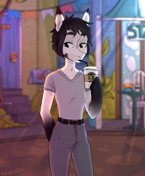 Size: 3300x4000 | Tagged: safe, artist:biskvit, derpibooru import, oc, unofficial characters only, anthro, earth pony, pegasus, pony, cafe, clothes, coffee, commission, detailed, detailed background, drinking, ear fluff, flag, house, male, pants, shirt, solo, stallion, standing, starbucks, street, t-shirt, thinking
