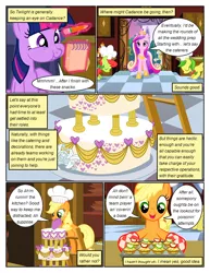 Size: 612x792 | Tagged: safe, artist:newbiespud, derpibooru import, edit, edited screencap, screencap, applejack, princess cadance, twilight sparkle, earth pony, pony, unicorn, comic:friendship is dragons, a canterlot wedding, bowing, cake, chef's hat, clothes, comic, dialogue, eyes closed, food, gloves, glowing horn, hat, hoof shoes, horn, indoors, jewelry, ladder, magic, male, notepad, pencil, peytral, puffy cheeks, royal guard, screencap comic, stallion, telekinesis, tiara, unicorn twilight, wedding cake