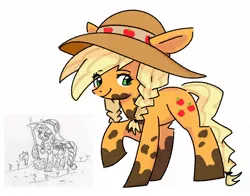 Size: 1424x1114 | Tagged: safe, artist:lauren faust, artist:mikey_pony, derpibooru import, applejack, earth pony, pony, alternate hairstyle, braid, braided pigtails, concept art, cute, female, garden, gardening, hat, jackabetes, mare, mud, muddy, simple background, solo, sun hat, white background