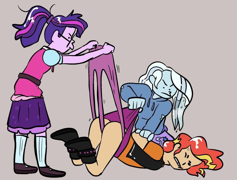 Size: 1280x974 | Tagged: suggestive, artist:rippant, derpibooru import, sci-twi, sunset shimmer, trixie, twilight sparkle, equestria girls, equestria girls series, abuse, assisted exposure, bully, bullying, clothes, image, jpeg, panties, pink underwear, shimmerbuse, skirt, skirt lift, team work, underwear, upskirt, wedgie