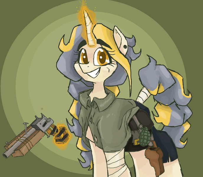 Size: 2436x2124 | Tagged: safe, artist:smirk, derpibooru import, oc, oc:anne arkie, unofficial characters only, unicorn, fallout equestria, bandage, clothes, grenade, gun, holster, looking at you, magic, ms paint, pipe pistol, scar, simple background, tail wrap, weapon