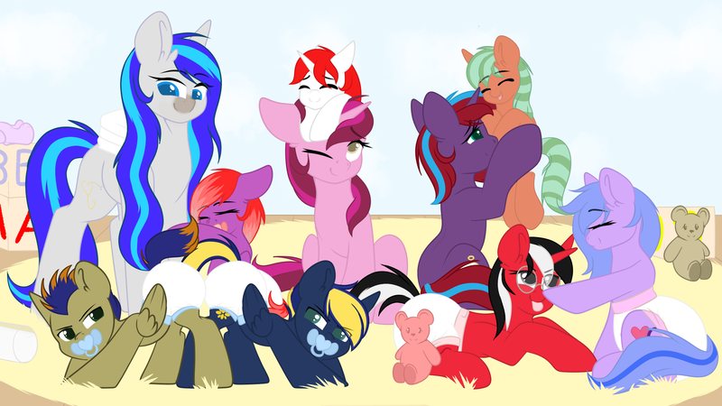 Size: 1920x1080 | Tagged: suggestive, artist:xcinnamon-twistx, derpibooru import, oc, oc:charming dazz, oc:hooklined, oc:liatris blossomheart, oc:mantra, oc:mind fission, oc:peppermint lime, oc:rosalia, oc:rosebud, oc:seafire, unofficial characters only, earth pony, pegasus, pony, unicorn, angry, baby, baby pony, boop, butt bump, caregiver, carpet, commission, commissions open, diaper, diaper fetish, fetish, foal, fussy, happy, holding, long mane, nursery, pacifier, poofy diaper, teddy bear, toy, ych result, your character here