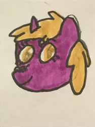 Size: 3024x4032 | Tagged: safe, artist:whistle blossom, deleted from derpibooru, derpibooru import, dinky hooves, pony, unicorn, bust, cute, dinkabetes, female, filly, foal, head only, marker drawing, simple background, smiling at you, solo, traditional art, white background