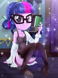 Size: 1800x2400 | Tagged: safe, artist:artmlpk, derpibooru import, sci-twi, twilight sparkle, equestria girls, adorable face, adorasexy, adorkable, alternate hairstyle, bare chest, bare shoulders, beautiful, book, breasts, cleavage, clothes, coat, confused, cute, digital art, dork, female, glasses, hair bun, lab coat, looking at you, nerd, sexy, shirt, shorts, sitting, smiling, smiling at you, socks, solo, studying, t-shirt, thigh highs, thighs, watermark