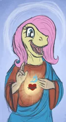 Size: 680x1256 | Tagged: artist:t72b, derpibooru, derpibooru import, dinosaur, fluttershy, jesus christ, martyr, meta, oc, oc:raptorshy, raptor jesus, rest in peace, safe, the end of derpibooru, velociraptor, veloshyraptor