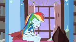 Size: 1366x768 | Tagged: suggestive, derpibooru import, edit, edited screencap, screencap, rainbow dash, equestria girls, equestria girls series, holidays unwrapped, spoiler:eqg series (season 2), bottomless, butt, clothes, curtain, geode of super speed, magical geodes, nude edit, nudity, partial nudity, rainbutt dash, sitting