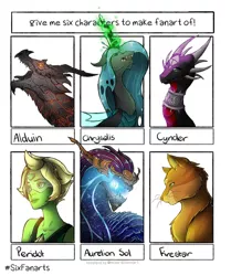 Size: 1080x1290 | Tagged: alduin, artist:theheioslair, aurelion sol, bust, cat, collar, crossover, cynder, derpibooru import, dragon, dragoness, female, glowing horn, horn, league of legends, open mouth, peridot (steven universe), queen chrysalis, safe, six fanarts, skyrim, spyro the dragon, steven universe, the elder scrolls, warrior cats