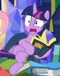 Size: 544x682 | Tagged: a health of information, alicorn, book, cropped, derpibooru import, open mouth, safe, screencap, shrunken pupils, solo, startled, twilight sparkle, twilight sparkle (alicorn), uvula