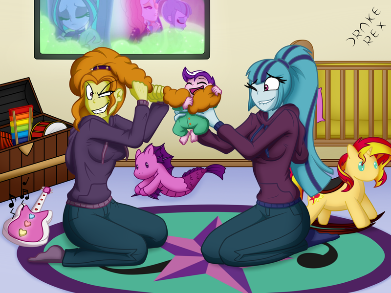 Size: 2000x1500 | Tagged: safe, artist:drake-rex, derpibooru import, adagio dazzle, aria blaze, sonata dusk, sunset shimmer, oc, oc:melody blaze, equestria girls, adagio dazzle is not amused, babysitting, clothes, commission, hair pulling, lidded eyes, lip bite, missing shoes, music, one eye closed, onesie, parent:aria blaze, parent:oc:malicore, socks, toy