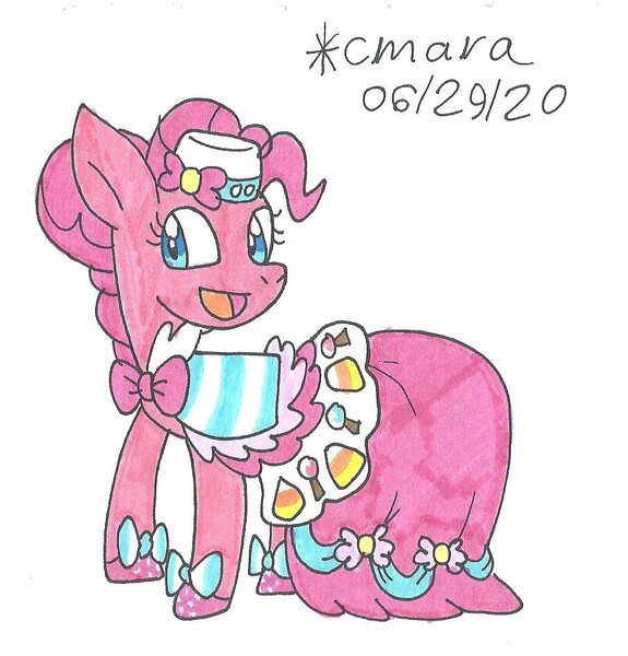 Size: 904x943 | Tagged: safe, artist:cmara, derpibooru import, pinkie pie, earth pony, pony, clothes, cute, diapinkes, dress, female, hat, mare, ribbon, solo, traditional art