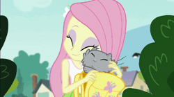 Size: 600x337 | Tagged: safe, derpibooru import, fluttershy, cat, equestria girls, friendship games, animated, cute, eyes closed, eyeshadow, kitten, makeup, nuzzling, shyabetes