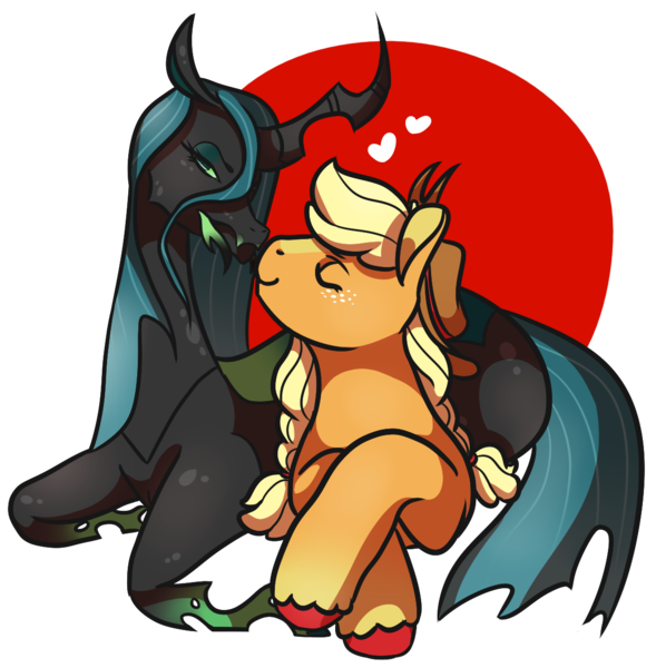 Size: 1176x1198 | Tagged: safe, artist:eonionic, derpibooru import, applejack, queen chrysalis, changeling, pony, chrysajack, crack shipping, female, lesbian, prone, shipping