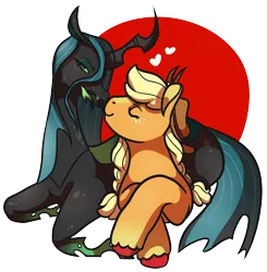 Size: 1176x1198 | Tagged: safe, artist:eonionic, derpibooru import, applejack, queen chrysalis, changeling, pony, chrysajack, crack shipping, female, lesbian, prone, shipping