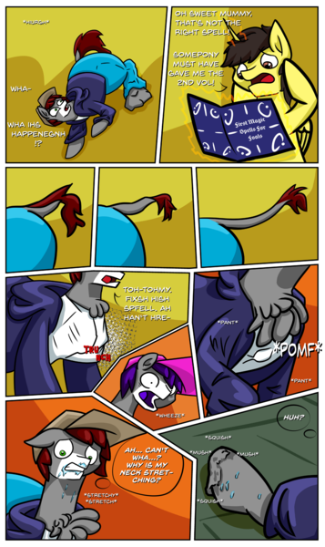 Size: 1920x3226 | Tagged: safe, artist:khaki-cap, derpibooru import, oc, oc:khaki-cap, oc:tommy the human, alicorn, earth pony, pony, comic:magical mishaps, alicorn oc, book, butt, clothes, comic, commissioner:bigonionbean, dialogue, drool, earth pony oc, extra thicc, flank, gagging, horn, jean thicc, magic, panicking, plot, rear, sweat, sweating profusely, swelling, thicc ass, transformation, wings, worried