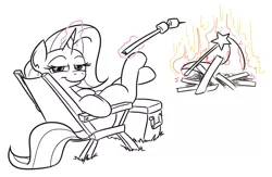 Size: 854x558 | Tagged: artist:jargon scott, chair, cooler, derpibooru, derpibooru import, fire, food, glowing horn, horn, levitation, looking at you, magic, magic aura, marshmallow, meta, safe, smiling, s'mores, smug, solo, telekinesis, the end of derpibooru, trixie