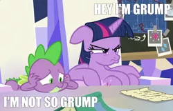 Size: 1268x815 | Tagged: safe, derpibooru import, edit, edited screencap, editor:didgereethebrony, screencap, spike, twilight sparkle, alicorn, pony, sparkle's seven, game grumps, grumpy, hey i'm grump, i'm not so grump, pouting