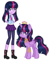 Size: 1280x1551 | Tagged: safe, artist:fantarianna, derpibooru import, twilight sparkle, twilight sparkle (alicorn), alicorn, pony, equestria girls, boots, clothes, crown, hands behind back, high heel boots, high heels, human and pony, human ponidox, jewelry, looking at you, necklace, necktie, regalia, self ponidox, shoes, simple background, transparent background, twolight