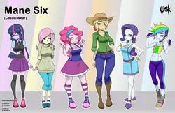 Size: 3496x2272 | Tagged: safe, artist:oldskullkid, derpibooru import, applejack, fluttershy, pinkie pie, rainbow dash, rarity, twilight sparkle, twilight sparkle (alicorn), alicorn, equestria girls, abs, alternate hairstyle, applejack's hat, belt, boob freckles, boots, bracelet, breasts, chest freckles, cleavage, clothes, converse, cowboy boots, cowboy hat, cute, diapinkes, dress, female, freckles, glasses, hair over one eye, hat, i can't believe it's not sci-twi, jewelry, kneesocks, looking at you, mane six, midriff, nail polish, shoes, skirt, smiling, socks, striped socks, sweater, sweatershy, thigh highs, twilight's professional glasses, zettai ryouiki