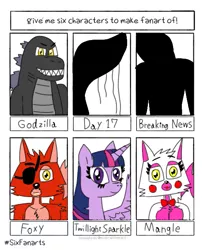 Size: 507x605 | Tagged: artist needed, safe, derpibooru import, twilight sparkle, twilight sparkle (alicorn), alicorn, anthro, fox, kaiju, pony, six fanarts, animatronic, anthro with ponies, breaking news, breaking news (trevor henderson), breasts, chest, chest fluff, crossover, day 17, day 17 (trevor henderson), female, five nights at freddy's, foxy, giants, godzilla, godzilla (monsterverse), godzilla (series), looking at you, male, mangle, monsterverse, sharp teeth, spread wings, teeth, tentacles, titan, trevor henderson, wing fluff, wings