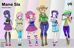 Size: 3496x2272 | Tagged: safe, alternate version, artist:oldskullkid, derpibooru import, applejack, fluttershy, pinkie pie, rainbow dash, rarity, twilight sparkle, twilight sparkle (alicorn), alicorn, equestria girls, abs, alternate hairstyle, applejack's hat, belt, boob freckles, boots, bracelet, breasts, chest freckles, cleavage, clothes, converse, cowboy boots, cowboy hat, cute, dark skin, diapinkes, dress, female, freckles, glasses, hair over one eye, hat, i can't believe it's not sci-twi, jewelry, kneesocks, light skin, looking at you, mane six, midriff, nail polish, shoes, skirt, smiling, socks, striped socks, sweater, sweatershy, thigh highs, twilight's professional glasses, zettai ryouiki