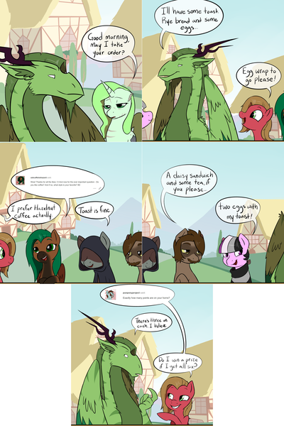 Size: 2562x3844 | Tagged: safe, artist:professor-ponyarity, derpibooru import, oc, oc:ace, oc:caffeine hazard, oc:feraxis, oc:merriweather, oc:pun, oc:rye, unofficial characters only, dragon, pony, tumblr:ask rye dimar dragon, female, mare