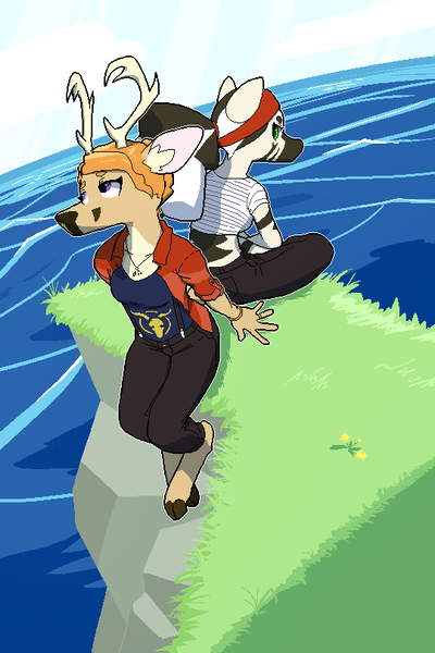 Size: 540x810 | Tagged: artist:nakedsharks, artist:pashoo, cliff, clothes, deer, derpibooru import, duo, female, furry, oc, oc:bina booker, ocean, safe, unofficial characters only, zebra