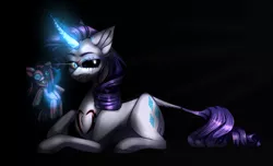 Size: 2300x1399 | Tagged: grimdark, artist:paintpalet35, derpibooru import, pony, unicorn, lil-miss rarity, black sclera, curved horn, doll, female, horn, leonine tail, magic, mare, scar, solo, telekinesis, toy