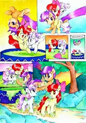 Size: 2290x3258 | Tagged: apple bloom, artist:liaaqila, comic:fly high scoots, cute, cutealoo, cutie mark crusaders, derpibooru import, diving, safe, scootaloo, scootaloo can fly, scootalove, slime, splashing, sweetie belle, swimming pool, tree