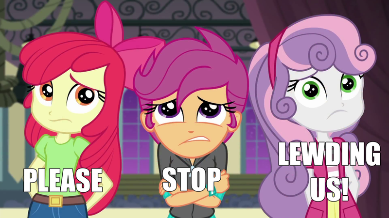 Size: 1280x720 | Tagged: safe, derpibooru import, edit, edited screencap, screencap, apple bloom, scootaloo, sweetie belle, equestria girls, equestria girls series, happily ever after party, caption, cutie mark crusaders, happily ever after party: rainbow dash, image macro, lewd, mouthpiece, op is trying too hard, please stop, text, trio