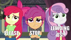 Size: 1280x720 | Tagged: safe, derpibooru import, edit, edited screencap, screencap, apple bloom, scootaloo, sweetie belle, equestria girls, equestria girls series, happily ever after party, caption, cutie mark crusaders, happily ever after party: rainbow dash, image macro, lewd, mouthpiece, op is trying too hard, please stop, text, trio