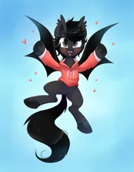 Size: 1464x1864 | Tagged: safe, artist:confetticakez, derpibooru import, oc, oc:tar puddle, bat pony, abstract background, clothes, cute, cute little fangs, fangs, female, flying, hoodie, mare, ocbetes, solo