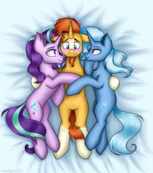 Size: 3100x3500 | Tagged: safe, artist:darklight1315, derpibooru import, starlight glimmer, sunburst, trixie, pony, unicorn, bedsheets, bisexual, blushing, cute, female, harem, lesbian, lucky bastard, male, mare, missing accessory, polyamory, shipping, stallion, starburst, startrix, startrixburst, straight, trixburst, we don't normally wear clothes