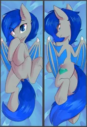 Size: 619x907 | Tagged: suggestive, artist:beardie, derpibooru import, oc, oc:aquamarine midnights, unofficial characters only, bat pony, blue background, body pillow, body pillow design, female, gradient mane, looking at you, looking back, looking back at you, mare, simple background, solo