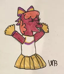 Size: 1100x1280 | Tagged: safe, artist:whistle blossom, deleted from derpibooru, derpibooru import, cheerilee, earth pony, semi-anthro, the cart before the ponies, bow, cheeribetes, cheerileeder, cheerleader, cheerleader outfit, clothes, cute, eyes closed, female, grin, hair bow, mare, marker drawing, signature, simple background, smiling, solo, traditional art, white background