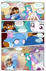 Size: 5143x7841 | Tagged: safe, artist:jeremy3, derpibooru import, princess celestia, trixie, oc, oc:becky brown, alicorn, earth pony, unicorn, comic:everfree my friend, comic, female, filly, filly trixie, glowing eyes, glowing horn, horn, ribbon, younger